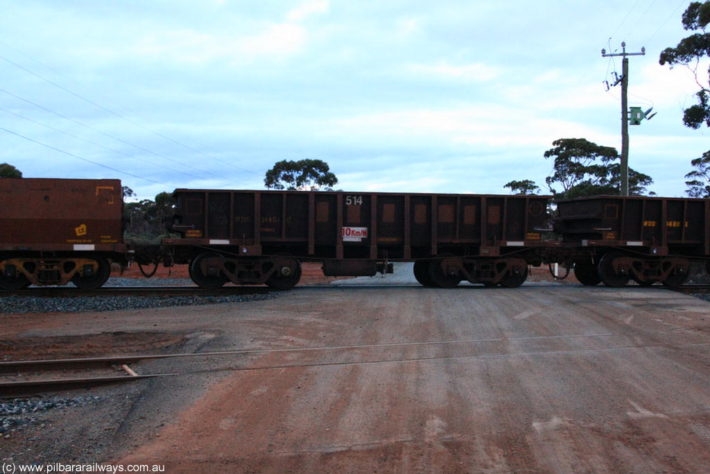 100822 6267
WOD type iron ore waggon WOD 31451 is one of a batch of sixty two built by Goninan WA between April and August 2000 with serial number 950086-023 and fleet number 514 for Koolyanobbing iron ore operations with a 75 ton capacity for Portman Mining to cart their Koolyanobbing iron ore to Esperance, now with PORTMAN painted out, on empty train 1416 at Hampton, 22nd August 2010.
Keywords: WOD-type;WOD31451;Goninan-WA;950086-023;