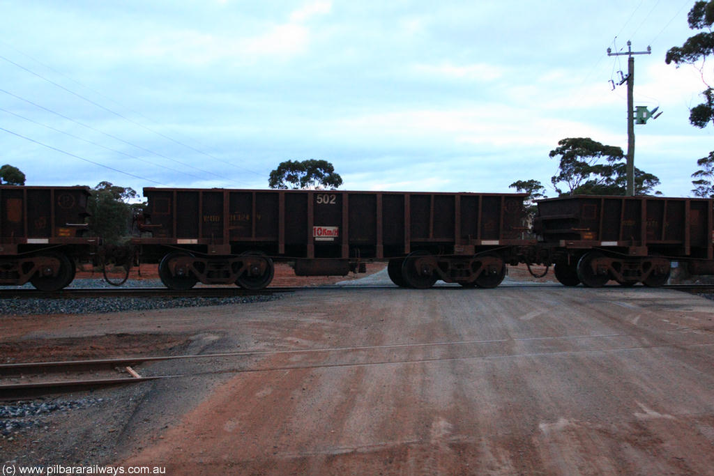 100822 6269
WOD type iron ore waggon WOD 31324 is one of a batch of sixty two built by Goninan WA between April and August 2000 with serial number 950086-012 and fleet number 502 for Koolyanobbing iron ore operations with a 75 ton capacity and a replacement for a WO type waggon number, for Portman Mining to cart their Koolyanobbing iron ore to Esperance, on empty train 1416 at Hampton, 22nd August 2010.
Keywords: WOD-type;WOD31324;Goninan-WA;950086-012;