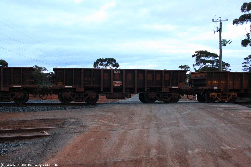 100822 6270
WOD type iron ore waggon WOD 31471 is one of a batch of sixty two built by Goninan WA between April and August 2000 with serial number 950086-043 and fleet number 534 for Koolyanobbing iron ore operations with a 75 ton capacity for Portman Mining to cart their Koolyanobbing iron ore to Esperance, now with PORTMAN painted out, on empty train 1416 at Hampton, 22nd August 2010.
Keywords: WOD-type;WOD31471;Goninan-WA;950086-043;