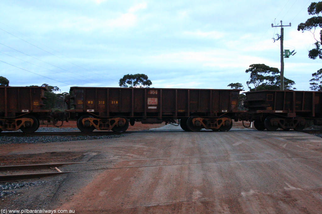 100822 6272
WO type iron ore waggon WO 31281 is one of a batch of eighty six built by WAGR Midland Workshops between 1967 and March 1968 with fleet number 161 for Koolyanobbing iron ore operations, with a 75 ton and 1018 ft³ capacity, on empty train 1416 at Hampton, 22nd August 2010. This unit was converted to WOC for coal in 1986 till 1994 when it was re-classed back to WO.
Keywords: WO-type;WO31281;WAGR-Midland-WS;