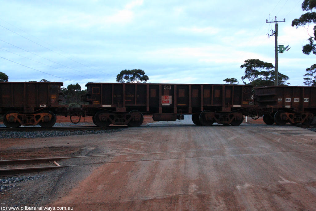 100822 6273
WOD type iron ore waggon WOD 31450 is one of a batch of sixty two built by Goninan WA between April and August 2000 with serial number 950086-022 and fleet number 513 for Koolyanobbing iron ore operations with a 75 ton capacity for Portman Mining to cart their Koolyanobbing iron ore to Esperance, now with PORTMAN painted out, on empty train 1416 at Hampton, 22nd August 2010.
Keywords: WOD-type;WOD31450;Goninan-WA;950086-022;
