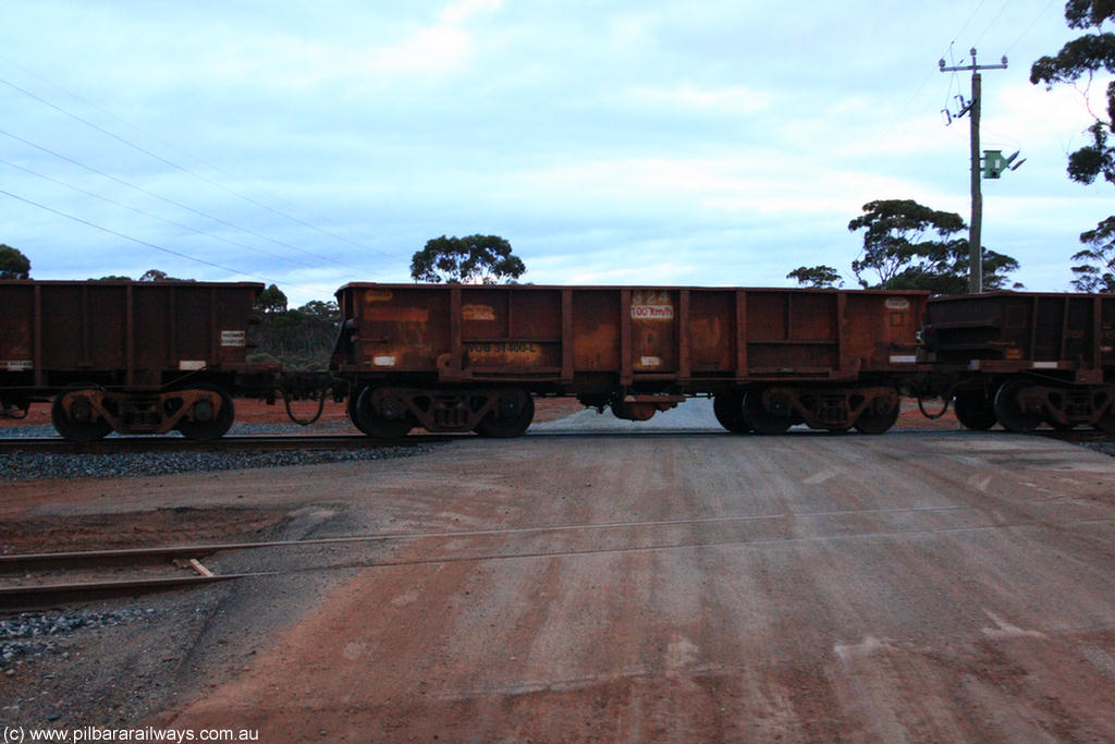 100822 6275
WOB type iron ore waggon WOB 31400 is one of a batch of twenty five built by Comeng WA between 1974 and 1975 and converted from Mt Newman high sided waggons by WAGR Midland Workshops with a capacity of 67 tons with fleet number 324 for Koolyanobbing iron ore operations. This waggon was also converted to a WSM type ballast hopper by re-fitting the cut down top section and having bottom discharge doors fitted, converted back to WOB in 1998, on empty train 1416 at Hampton, 22nd August 2010.
Keywords: WOB-type;WOB31400;Comeng-WA;WSM-type;Mt-Newman-Mining;