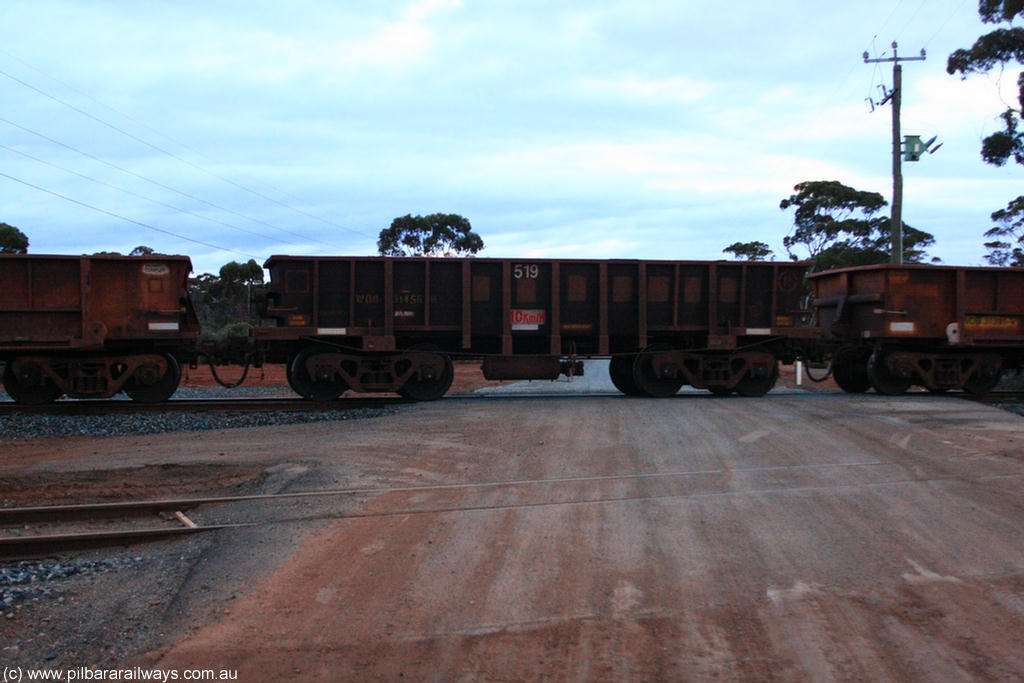 100822 6276
WOD type iron ore waggon WOD 31456 is one of a batch of sixty two built by Goninan WA between April and August 2000 with serial number 950086-028 and fleet number 519 for Koolyanobbing iron ore operations with a 75 ton capacity for Portman Mining to cart their Koolyanobbing iron ore to Esperance, now with PORTMAN painted out, on empty train 1416 at Hampton, 22nd August 2010.
Keywords: WOD-type;WOD31456;Goninan-WA;950086-028;