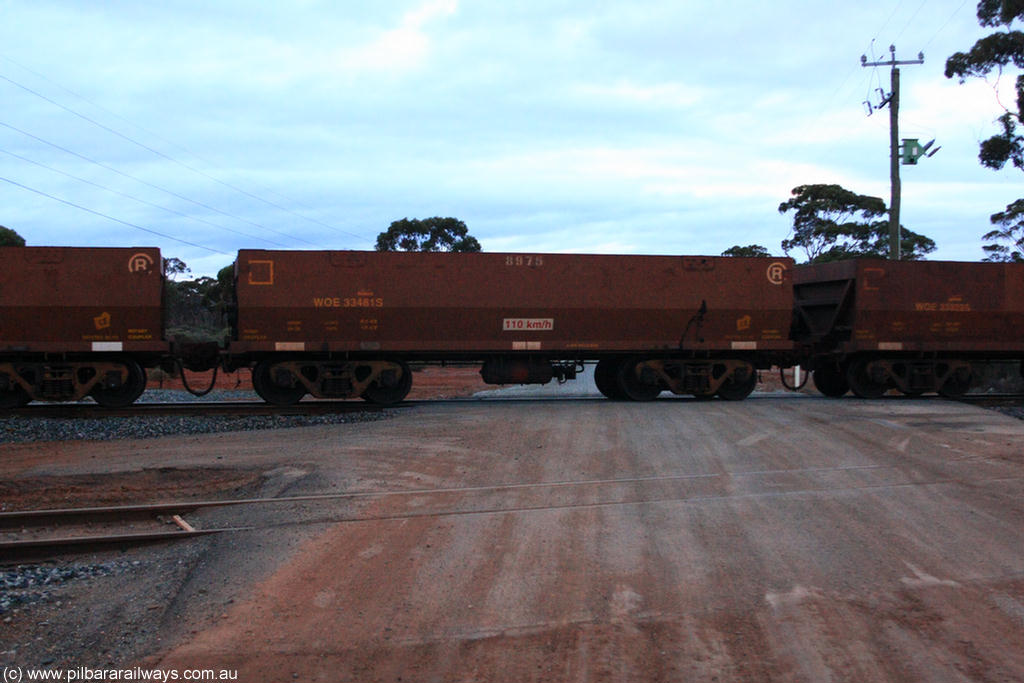 100822 6282
WOE type iron ore waggon WOE 33481 is one of a batch of one hundred and twenty eight built by United Group Rail WA between August 2008 and March 2009 with serial number 950211-023 and fleet number 8975 for Koolyanobbing iron ore operations, on empty train 1416 at Hampton, 22nd August 2010.
Keywords: WOE-type;WOE33481;United-Group-Rail-WA;950211-023;
