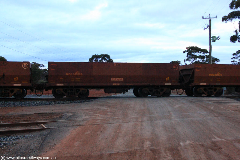 100822 6283
WOE type iron ore waggon WOE 33322 is one of a batch of one hundred and forty one built by United Goninan WA between November 2005 and April 2006 with serial number 950142-027 and fleet number 821 for Koolyanobbing iron ore operations, on empty train 1416 at Hampton, 22nd August 2010.
Keywords: WOE-type;WOE33322;United-Goninan-WA;950142-027;
