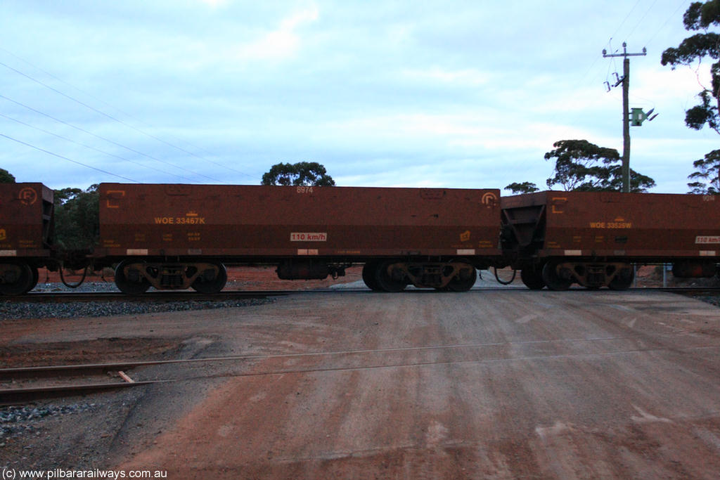 100822 6284
WOE type iron ore waggon WOE 33467 is one of a batch of one hundred and twenty eight built by United Group Rail WA between August 2008 and March 2009 with serial number 950211-009 and fleet number 8974 for Koolyanobbing iron ore operations, on empty train 1416 at Hampton, 22nd August 2010.
Keywords: WOE-type;WOE33467;United-Group-Rail-WA;950211-009;