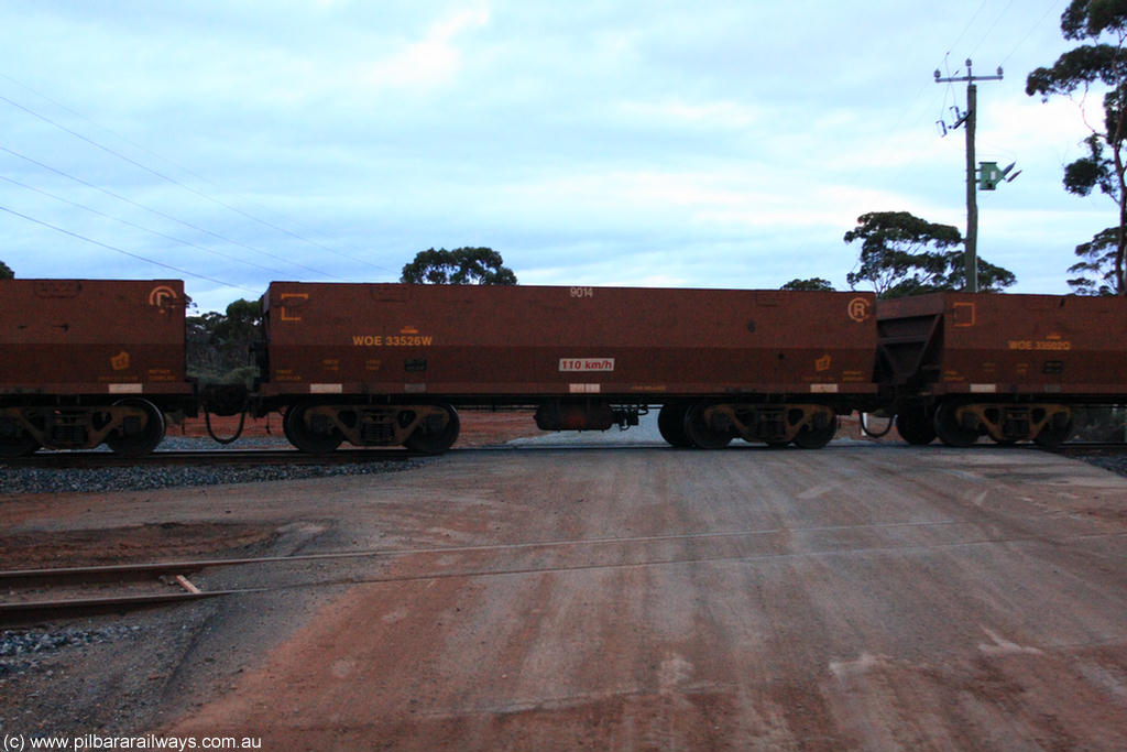 100822 6285
WOE type iron ore waggon WOE 33526 is one of a batch of one hundred and twenty eight built by United Group Rail WA between August 2008 and March 2009 with serial number 950211-066 and fleet number 9014 for Koolyanobbing iron ore operations, on empty train 1416 at Hampton, 22nd August 2010.
Keywords: WOE-type;WOE33526;United-Group-Rail-WA;950211-066;