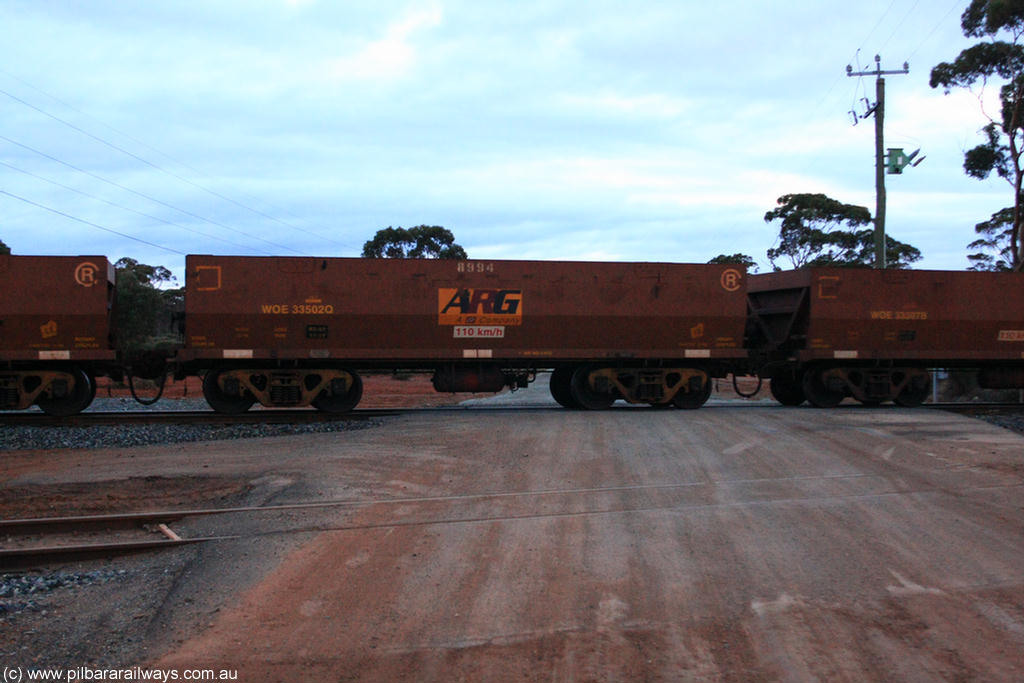 100822 6286
WOE type iron ore waggon WOE 33502 is one of a batch of one hundred and twenty eight built by United Group Rail WA between August 2008 and March 2009 with serial number 950211-042 and fleet number 8994 for Koolyanobbing iron ore operations with ARG decal, on empty train 1416 at Hampton, 22nd August 2010.
Keywords: WOE-type;WOE33502;United-Group-Rail-WA;950211-042;