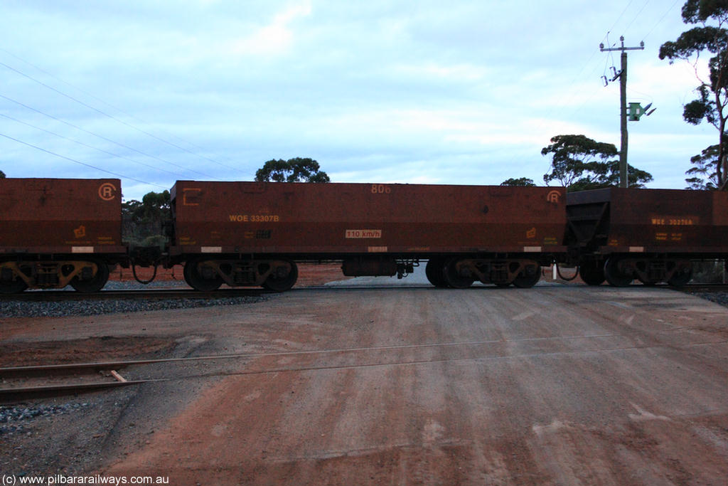 100822 6287
WOE type iron ore waggon WOE 33307 is one of a batch of one hundred and forty one built by United Goninan WA between November 2005 and April 2006 with serial number 950142-012 and fleet number 806 for Koolyanobbing iron ore operations, on empty train 1416 at Hampton, 22nd August 2010.
Keywords: WOE-type;WOE33307;United-Goninan-WA;950142-012;