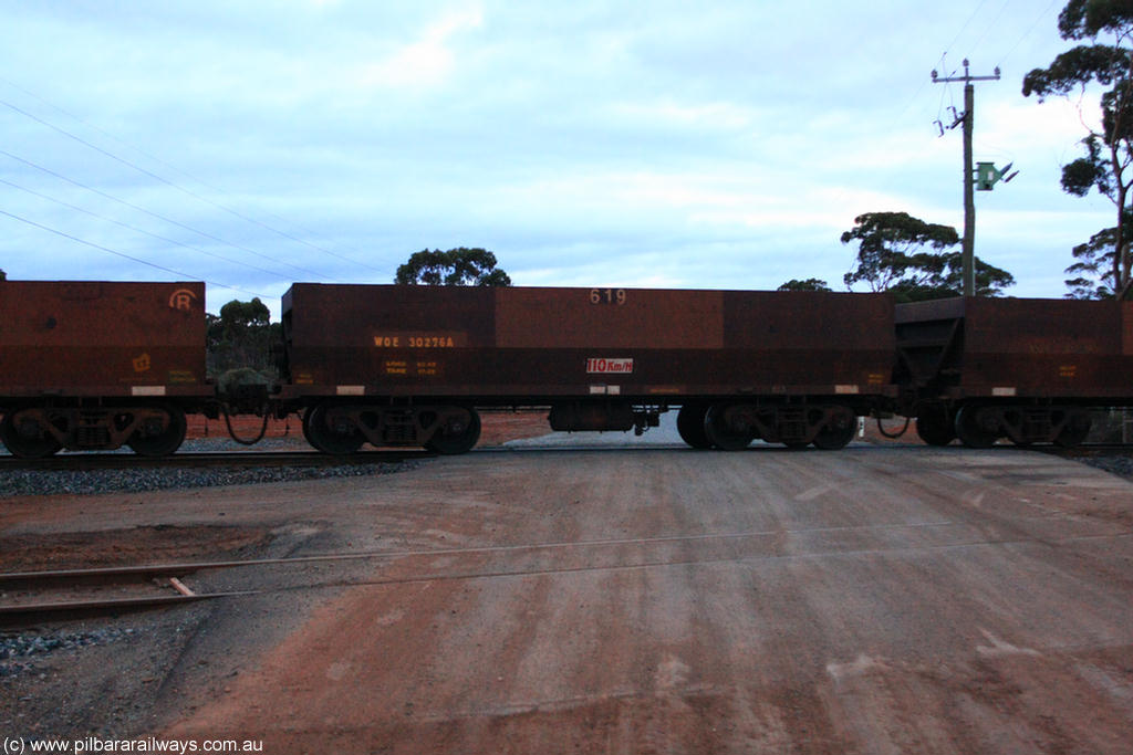 100822 6288
WOE type iron ore waggon WOE 30276 is one of a batch of one hundred and thirty built by Goninan WA between March and August 2001 with serial number 950092-026 and fleet number 619 for Koolyanobbing iron ore operations, on empty train 1416 at Hampton, 22nd August 2010.
Keywords: WOE-type;WOE30276;Goninan-WA;950092-026;