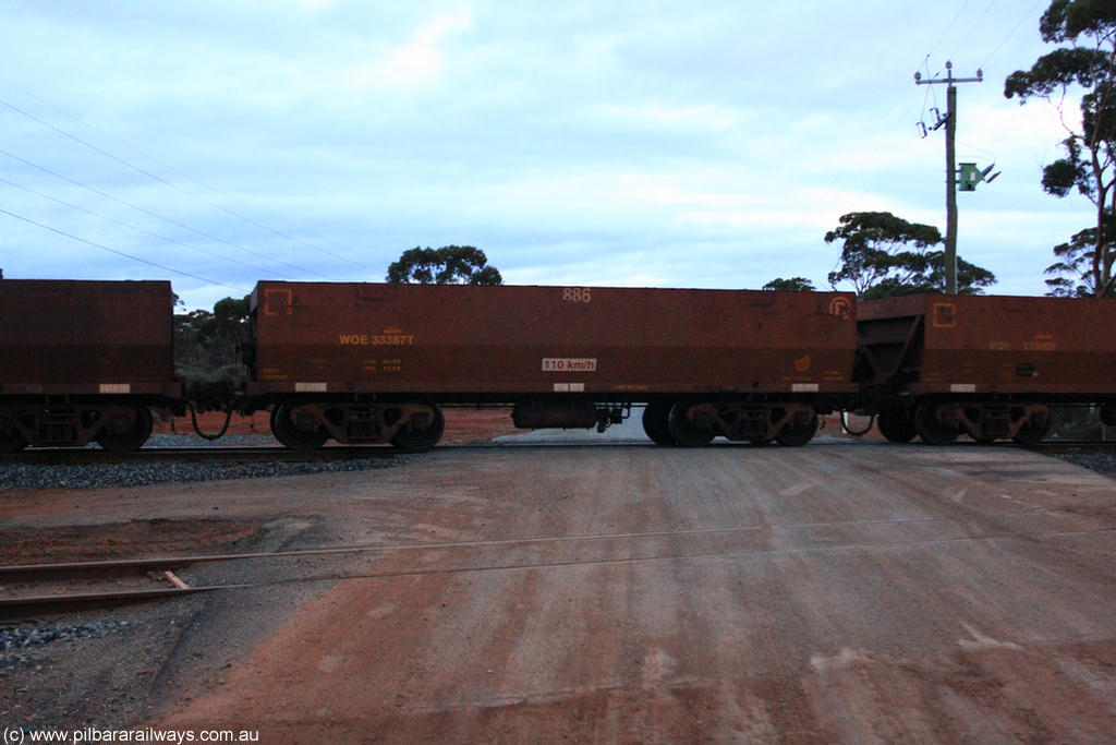 100822 6290
WOE type iron ore waggon WOE 33387 is one of a batch of one hundred and forty one built by United Group Rail WA between November 2005 and April 2006 with serial number 950142-092 and fleet number 886 for Koolyanobbing iron ore operations, on empty train 1416 at Hampton, 22nd August 2010.
Keywords: WOE-type;WOE33387;United-Group-Rail-WA;950142-092;