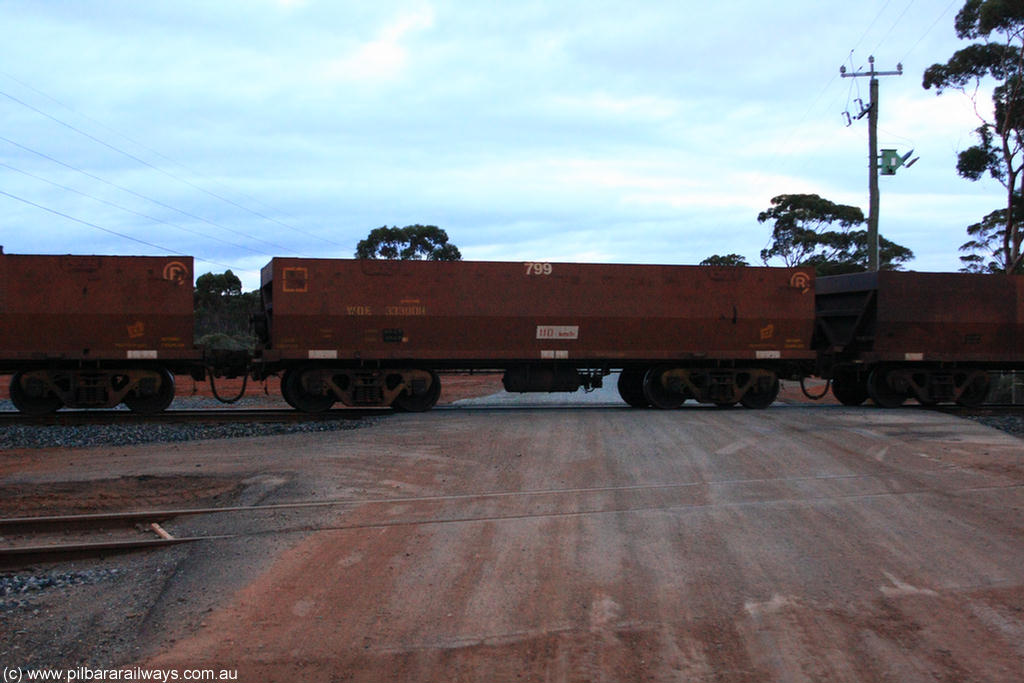 100822 6291
WOE type iron ore waggon WOE 33300 is one of a batch of one hundred and forty one built by United Goninan WA between November 2005 and April 2006 with serial number 950142-005 and fleet number 799 for Koolyanobbing iron ore operations, on empty train 1416 at Hampton, 22nd August 2010.
Keywords: WOE-type;WOE33300;United-Goninan-WA;950142-005;