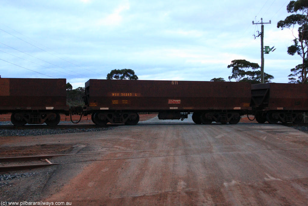 100822 6293
WOE type iron ore waggon WOE 30263 is one of a batch of one hundred and thirty built by Goninan WA between March and August 2001 with serial number 950092-013 and fleet number 611 for Koolyanobbing iron ore operations of 83 tonne load capacity, on empty train 1416 at Hampton, 22nd August 2010.
Keywords: WOE-type;WOE30263;Goninan-WA;950092-013;