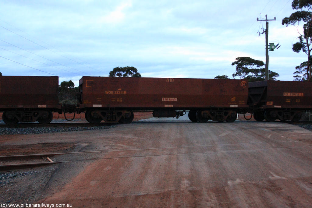100822 6295
WOE type iron ore waggon WOE 33311 is one of a batch of one hundred and forty one built by United Goninan WA between November 2005 and April 2006 with serial number 950142-016 and fleet number 810 for Koolyanobbing iron ore operations, on empty train 1416 at Hampton, 22nd August 2010.
Keywords: WOE-type;WOE33311;United-Goninan-WA;950142-016;