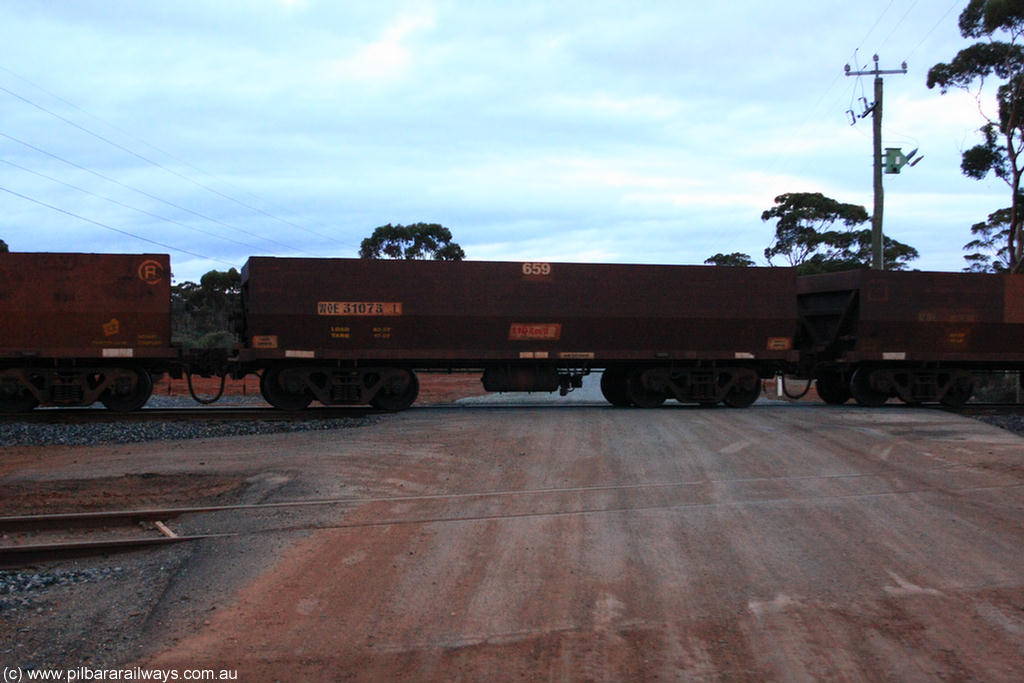 100822 6296
WOE type iron ore waggon WOE 31073 is one of a batch of one hundred and thirty built by Goninan WA between March and August 2001 with serial number 950092-063 and fleet number 659 for Koolyanobbing iron ore operations, on empty train 1416 at Hampton, 22nd August 2010.
Keywords: WOE-type;WOE31073;Goninan-WA;950092-063;
