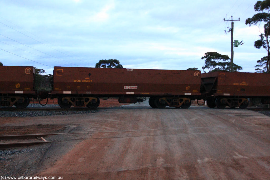 100822 6302
WOE type iron ore waggon WOE 33549 is one of a batch of one hundred and twenty eight built by United Group Rail WA between August 2008 and March 2009 with serial number 950211-089 and fleet number 9041 for Koolyanobbing iron ore operations, on empty train 1416 at Hampton, 22nd August 2010.
Keywords: WOE-type;WOE33549;United-Group-Rail-WA;950211-089;