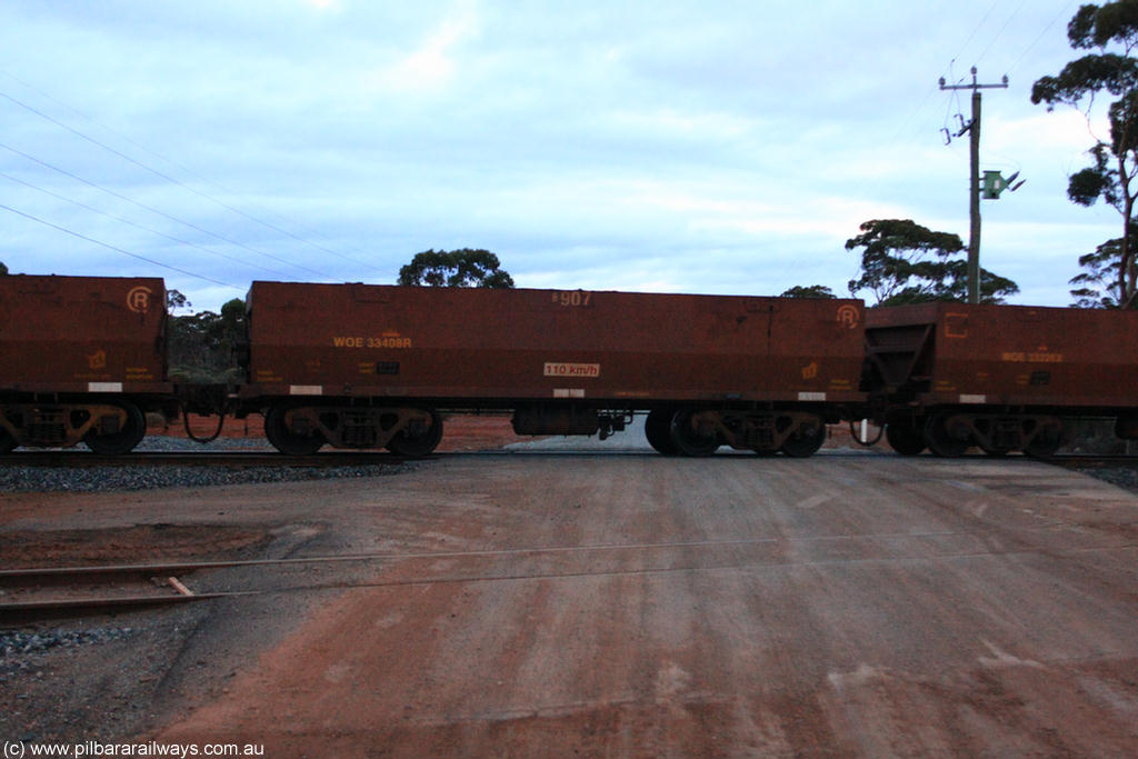 100822 6304
WOE type iron ore waggon WOE 33408 is one of a batch of one hundred and forty one built by United Group Rail WA between November 2005 and April 2006 with serial number 950142-113 and fleet number 8907 for Koolyanobbing iron ore operations, on empty train 1416 at Hampton, 22nd August 2010.
Keywords: WOE-type;WOE33408;United-Group-Rail-WA;950142-113;