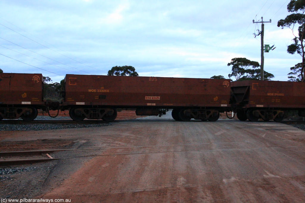 100822 6305
WOE type iron ore waggon WOE 33326 is one of a batch of one hundred and forty one built by United Goninan WA between November 2005 and April 2006 with serial number 950142-031 and fleet number 825 for Koolyanobbing iron ore operations, on empty train 1416 at Hampton, 22nd August 2010.
Keywords: WOE-type;WOE33326;United-Goninan-WA;950142-031;