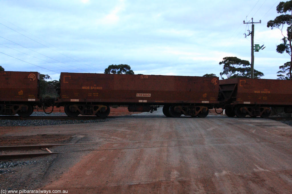 100822 6306
WOE type iron ore waggon WOE 33340 is one of a batch of one hundred and forty one built by United Goninan WA between November 2005 and April 2006 with serial number 950142-045 and fleet number 839 for Koolyanobbing iron ore operations, on empty train 1416 at Hampton, 22nd August 2010.
Keywords: WOE-type;WOE33340;United-Goninan-WA;950142-045;