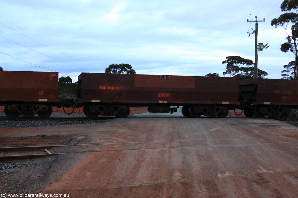 100822 6308
WOE type iron ore waggon WOE 31149 is one of a batch of fifteen built by Goninan WA between April and May 2002 with fleet number 731 for Koolyanobbing iron ore operations, on empty train 1416 at Hampton, 22nd August 2010.
Keywords: WOE-type;WOE31149;Goninan-WA;