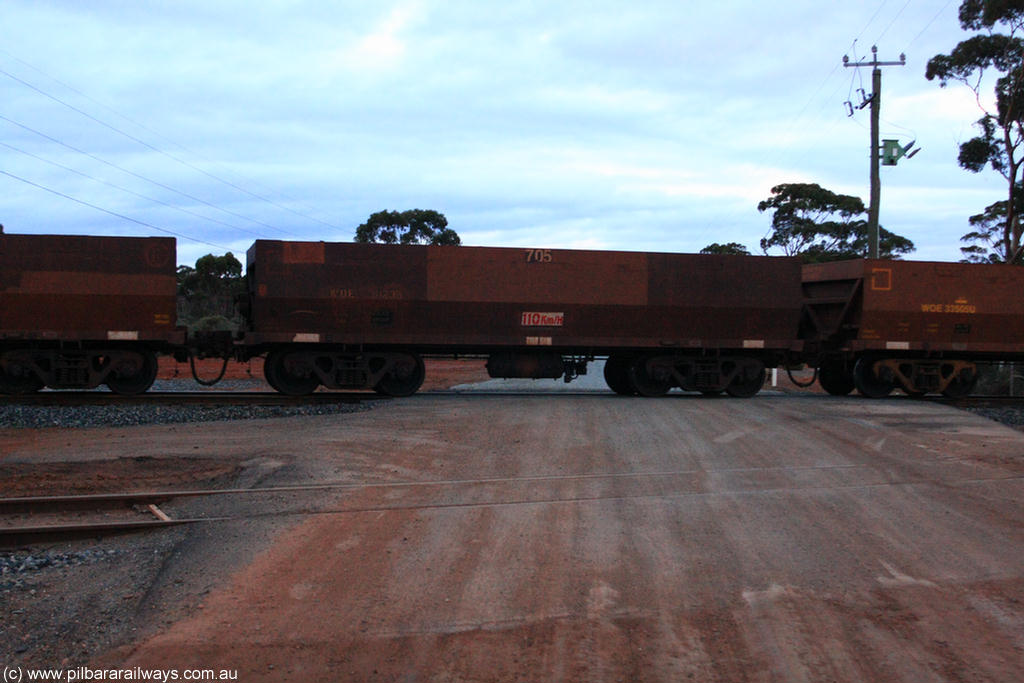 100822 6310
WOE type iron ore waggon WOE 31123 is one of a batch of one hundred and thirty built by Goninan WA between March and August 2001 with serial number 950092-113 and fleet number 705 for Koolyanobbing iron ore operations, on empty train 1416 at Hampton, 22nd August 2010.
Keywords: WOE-type;WOE31123;Goninan-WA;950092-113;