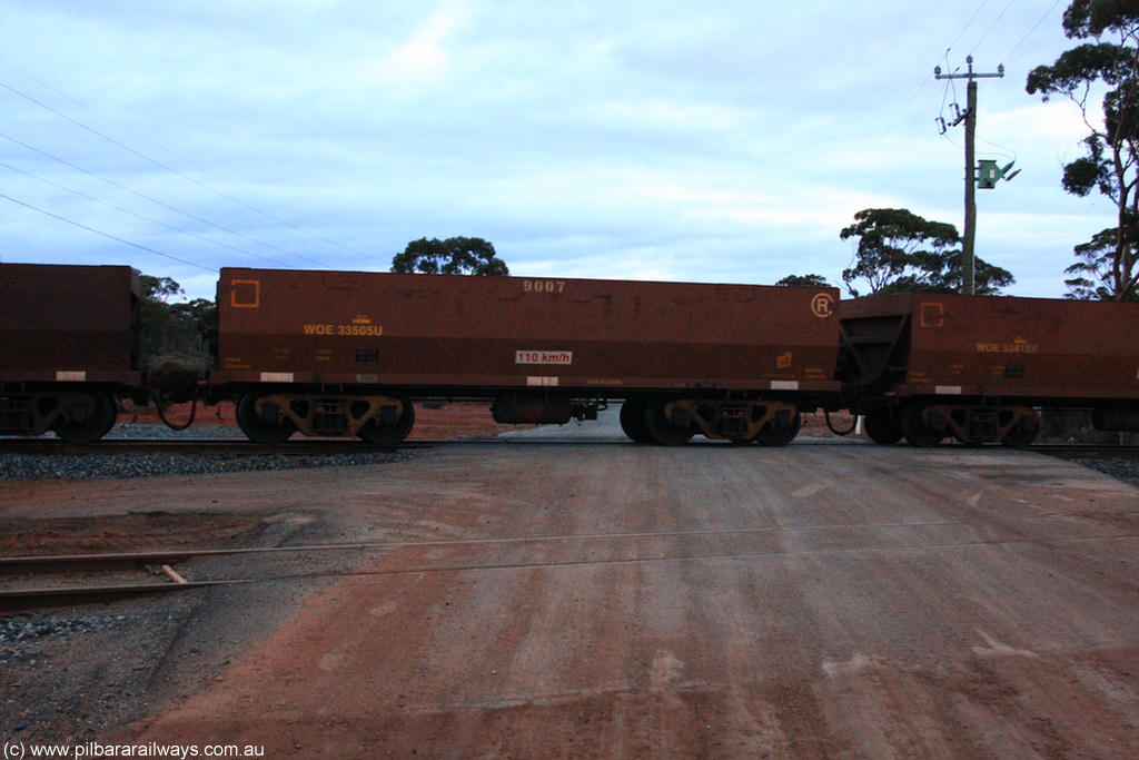 100822 6311
WOE type iron ore waggon WOE 33505 is one of a batch of one hundred and twenty eight built by United Group Rail WA between August 2008 and March 2009 with serial number 950211-045 and fleet number 9007 for Koolyanobbing iron ore operations, on empty train 1416 at Hampton, 22nd August 2010.
Keywords: WOE-type;WOE33505;United-Group-Rail-WA;950211-045;