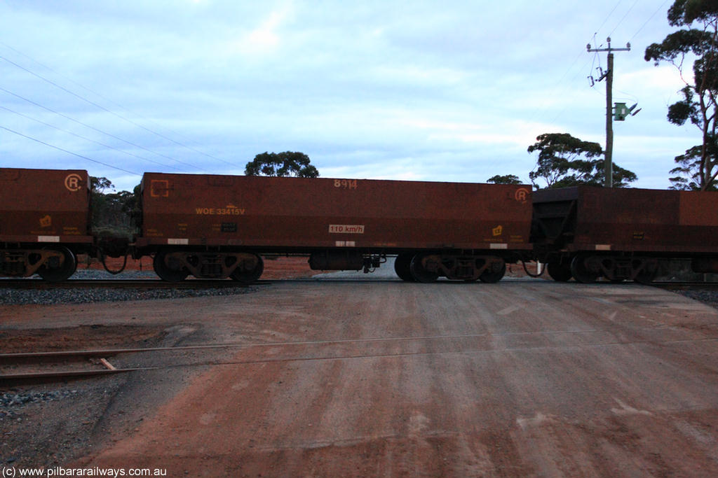 100822 6312
WOE type iron ore waggon WOE 33415 is one of a batch of one hundred and forty one built by United Group Rail WA between November 2005 and April 2006 with serial number 950142-120 and fleet number 8914 for Koolyanobbing iron ore operations, on empty train 1416 at Hampton, 22nd August 2010.
Keywords: WOE-type;WOE33415;United-Group-Rail-WA;950142-120;