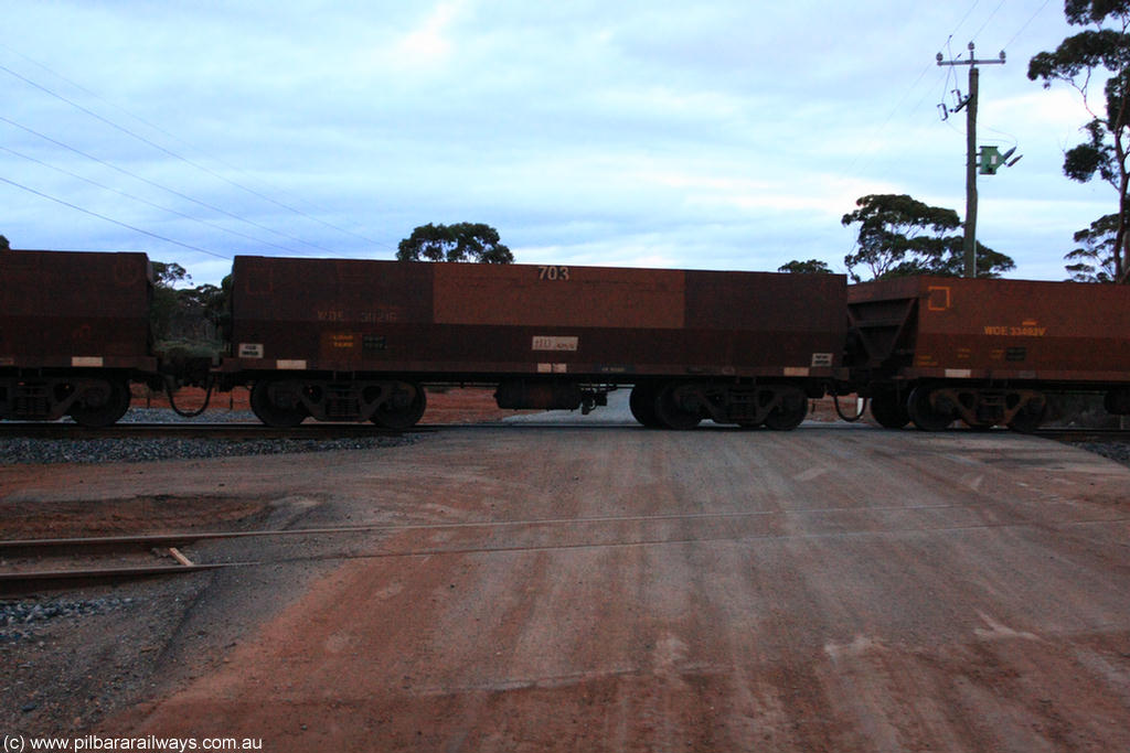 100822 6314
WOE type iron ore waggon WOE 31121 is one of a batch of one hundred and thirty built by Goninan WA between March and August 2001 with serial number 950092-111 and fleet number 703 for Koolyanobbing iron ore operations, on empty train 1416 at Hampton, 22nd August 2010.
Keywords: WOE-type;WOE31121;Goninan-WA;950092-111;