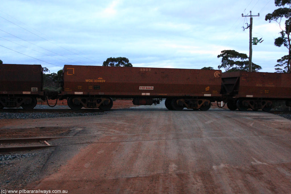 100822 6315
WOE type iron ore waggon WOE 33493 is one of a batch of one hundred and twenty eight built by United Group Rail WA between August 2008 and March 2009 with serial number 950211-033 and fleet number 8992 for Koolyanobbing iron ore operations, on empty train 1416 at Hampton, 22nd August 2010.
Keywords: WOE-type;WOE33493;United-Group-Rail-WA;950211-033;