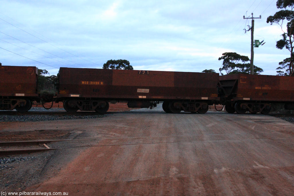 100822 6317
WOE type iron ore waggon WOE 31139 is one of a batch of one hundred and thirty built by Goninan WA between March and August 2001 with serial number 950092-129 and fleet number 721 for Koolyanobbing iron ore operations, on empty train 1416 at Hampton, 22nd August 2010.
Keywords: WOE-type;WOE31139;Goninan-WA;950092-129;