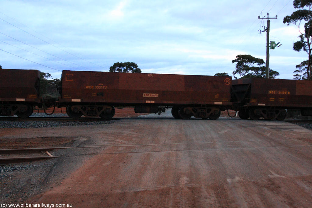 100822 6318
WOE type iron ore waggon WOE 33317 is one of a batch of one hundred and forty one built by United Goninan WA between November 2005 and April 2006 with serial number 950142-022 and fleet number 816 for Koolyanobbing iron ore operations, on empty train 1416 at Hampton, 22nd August 2010.
Keywords: WOE-type;WOE33317;United-Goninan-WA;950142-022;