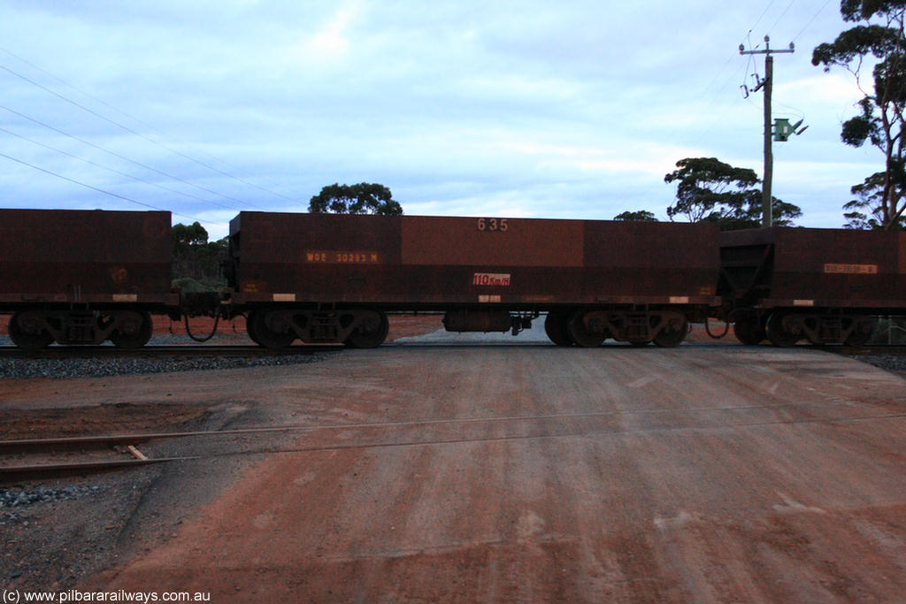 100822 6321
WOE type iron ore waggon WOE 30293 is one of a batch of one hundred and thirty built by Goninan WA between March and August 2001 with serial number 950092-043 and fleet number 635 for Koolyanobbing iron ore operations, on empty train 1416 at Hampton, 22nd August 2010.
Keywords: WOE-type;WOE30293;Goninan-WA;950092-043;