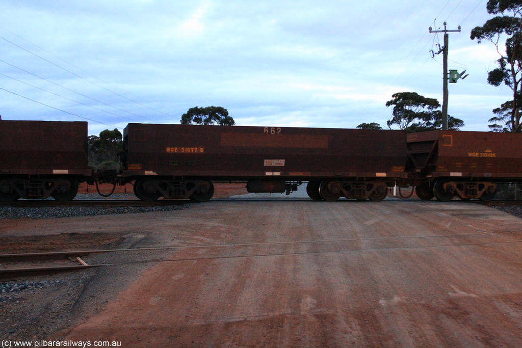 100822 6323
WOE type iron ore waggon WOE 31077 is one of a batch of one hundred and thirty built by Goninan WA between March and August 2001 with serial number 950092-067 and fleet number 662 for Koolyanobbing iron ore operations, on empty train 1416 at Hampton, 22nd August 2010.
Keywords: WOE-type;WOE31077;Goninan-WA;950092-067;