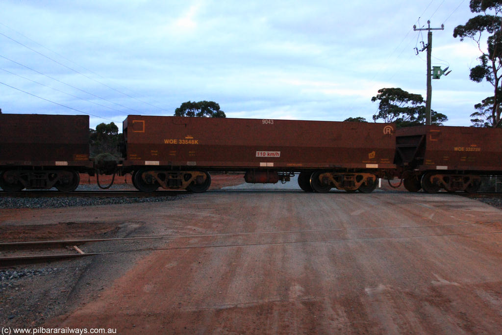 100822 6324
WOE type iron ore waggon WOE 33548 is one of a batch of one hundred and twenty eight built by United Group Rail WA between August 2008 and March 2009 with serial number 950211-088 and fleet number 9043 for Koolyanobbing iron ore operations, on empty train 1416 at Hampton, 22nd August 2010.
Keywords: WOE-type;WOE33548;United-Group-Rail-WA;950211-088;