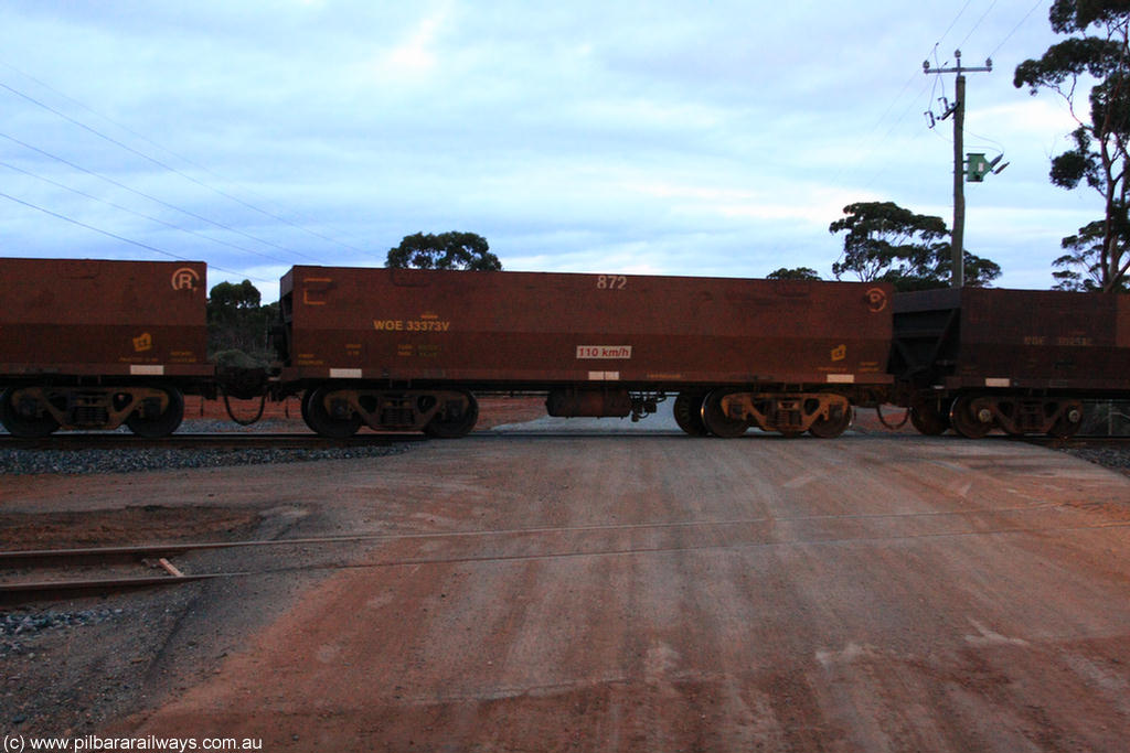 100822 6325
WOE type iron ore waggon WOE 33373 is one of a batch of one hundred and forty one built by United Goninan WA between November 2005 and April 2006 with serial number 950142-078 and fleet number 872 for Koolyanobbing iron ore operations, on empty train 1416 at Hampton, 22nd August 2010.
Keywords: WOE-type;WOE33373;United-Goninan-WA;950142-078;
