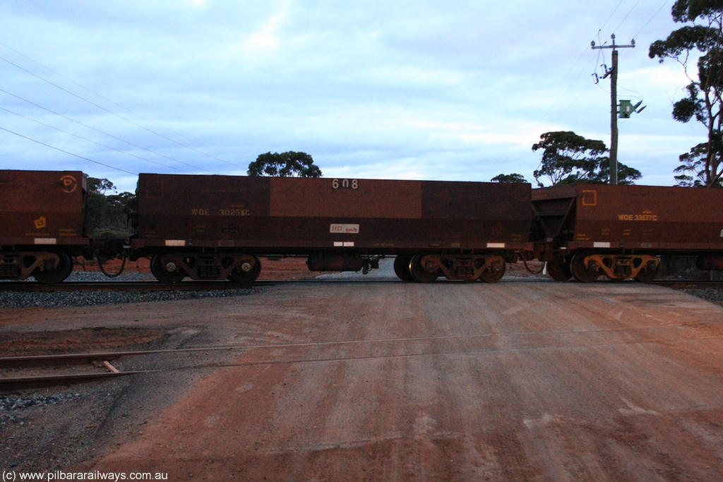 100822 6326
WOE type iron ore waggon WOE 30258 is one of a batch of one hundred and thirty built by Goninan WA between March and August 2001 with serial number 950092-008 and fleet number 608 for Koolyanobbing iron ore operations of 83 tonne load capacity, on empty train 1416 at Hampton, 22nd August 2010.
Keywords: WOE-type;WOE30258;Goninan-WA;950092-008;