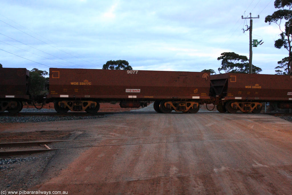100822 6327
WOE type iron ore waggon WOE 33577 is one of a batch of one hundred and twenty eight built by United Group Rail WA between August 2008 and March 2009 with serial number 950211-117 and fleet number 9077 for Koolyanobbing iron ore operations, on empty train 1416 at Hampton, 22nd August 2010.
Keywords: WOE-type;WOE33577;United-Group-Rail-WA;950211-117;