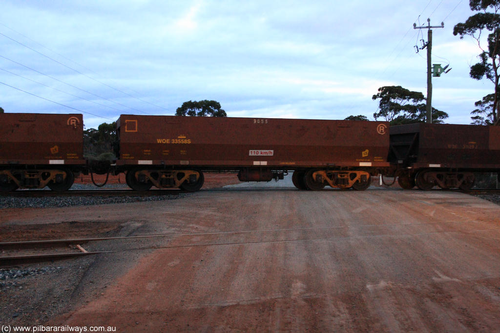 100822 6328
WOE type iron ore waggon WOE 33558 is one of a batch of one hundred and twenty eight built by United Group Rail WA between August 2008 and March 2009 with serial number 950211-098 and fleet number 9055 for Koolyanobbing iron ore operations, on empty train 1416 at Hampton, 22nd August 2010.
Keywords: WOE-type;WOE33558;United-Group-Rail-WA;950211-098;