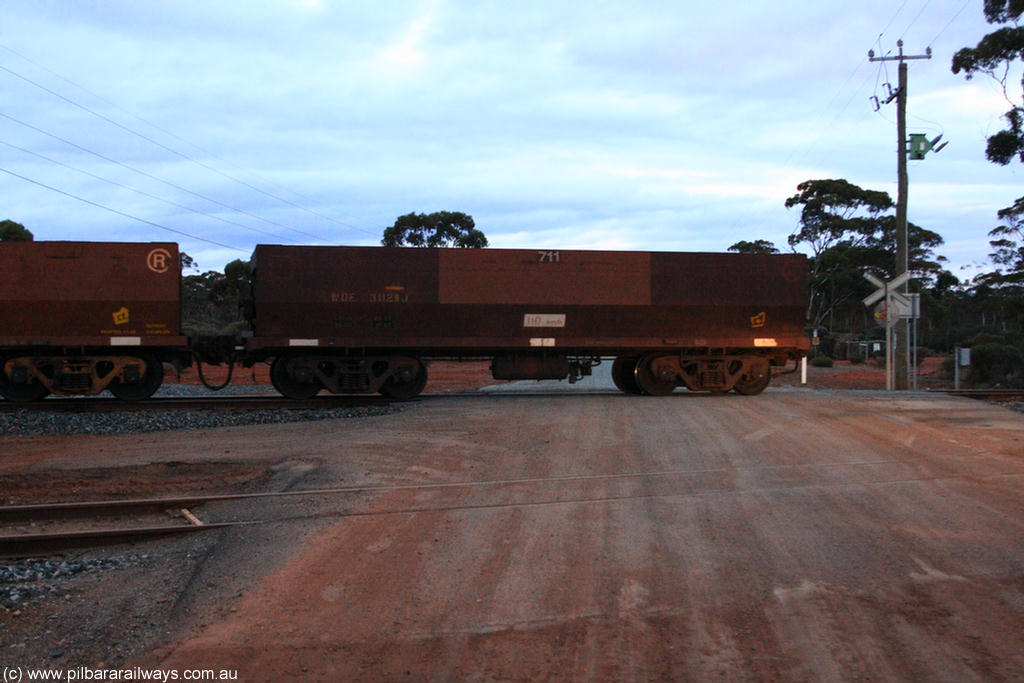 100822 6329
WOE type iron ore waggon WOE 31129 is one of a batch of one hundred and thirty built by Goninan WA between March and August 2001 with serial number 950092-119 and fleet number 711 for Koolyanobbing iron ore operations, on empty train 1416 at Hampton, 22nd August 2010.
Keywords: WOE-type;WOE31129;Goninan-WA;950092-119;