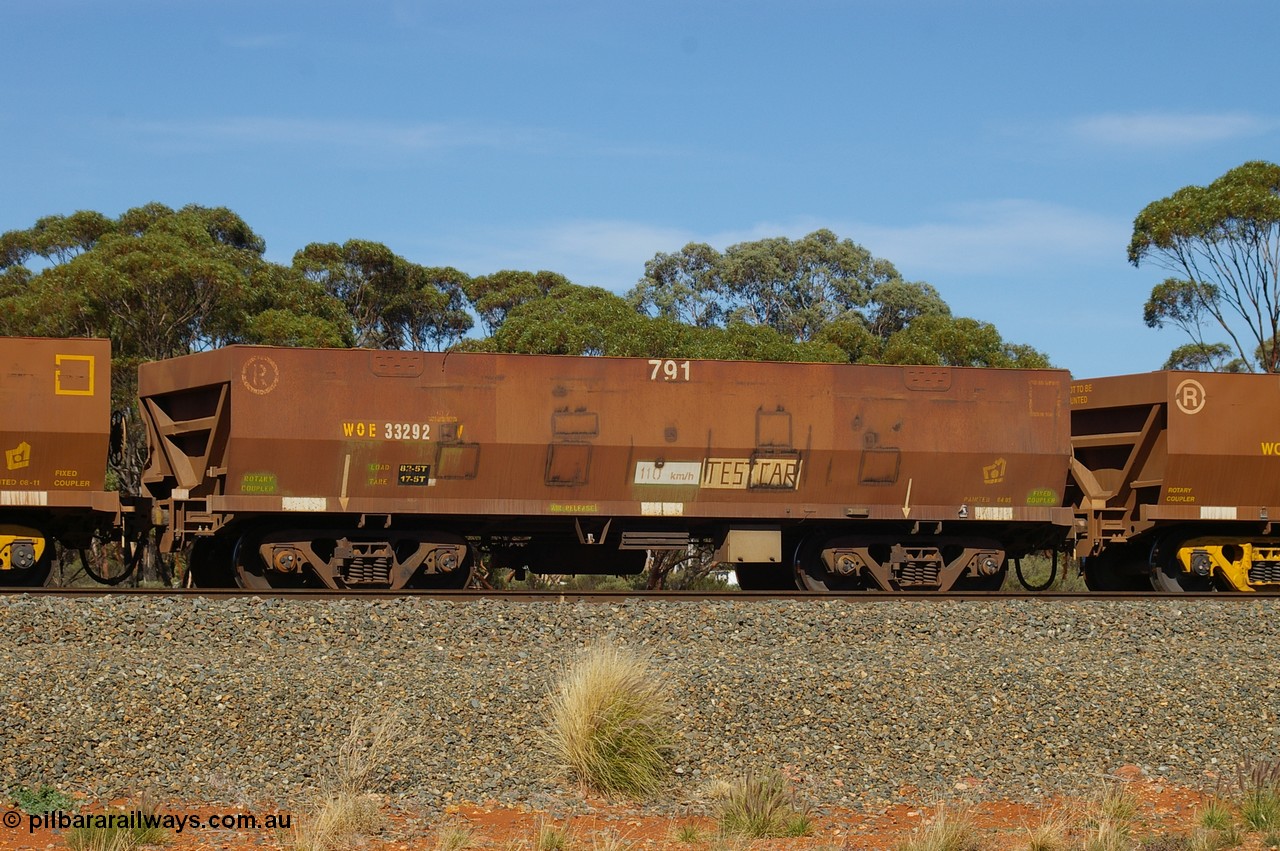 PD 10240
Binduli, WOE type iron ore waggon WOE 33292, fleet number 791, set up as a test car, and build date of 04/2005 with a revised load of 82.5 tonnes, is a United Goninan build of the current style of 83 tonne load capacity WOE class waggon built for Koolyanobbing iron ore train service with PORTMAN painted out, 20th May 2012.
Keywords: Peter-D-Image;WOE-type;WOE33292;test-car;United-Goninan-WA;950104-032;