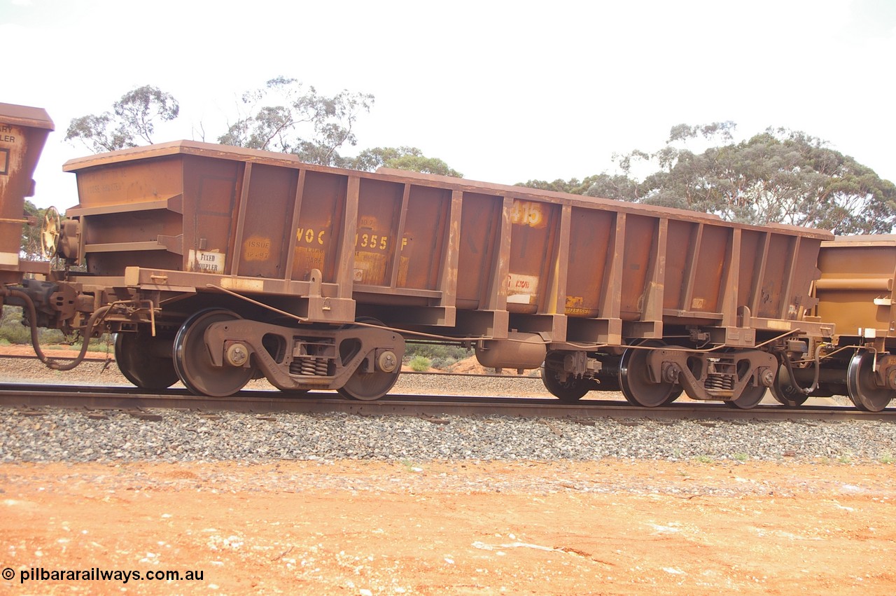 PD 12414
Binduli, WOC type iron ore waggon WOC 31355 is one of a batch of thirty built by Goninan WA between October 1997 to January 1998 with fleet number 415 for Koolyanobbing iron ore operations with a 75 ton capacity, note the added angled lip to the top of the body, from the hand brake end. 17th Feb 2013.
Keywords: Peter-D-Image;WOC-type;WOC31355;Goninan-WA;