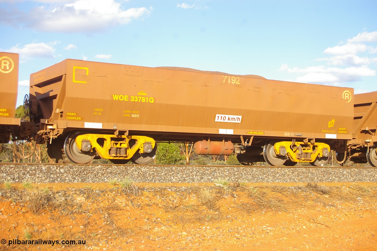 PD 12514
Binduli, WOE type iron ore waggon WOE 33781, fleet number 7192, a UGL Rail build from 01-2012 of the current style of 82.5 tonne load capacity WOE class waggon built for Koolyanobbing iron ore train service.
Keywords: Peter-D-Image;WOE-type;WOE33781;UGL-Rail-WA;R0067-193;
