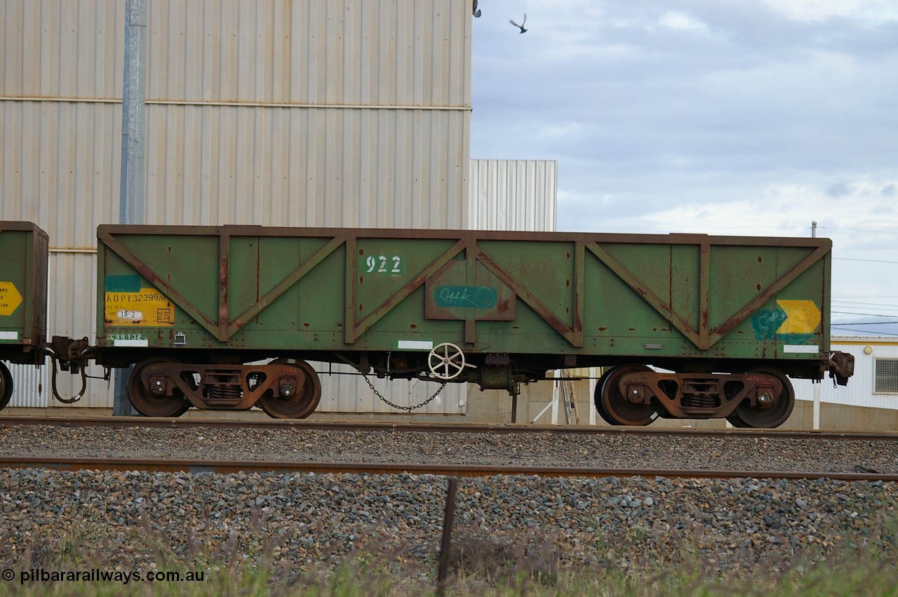 PD 12845
West Kalgoorlie, AOPY 32399 with fleet number 922, one of seventy ex ANR coal waggons rebuilt from AOKF type by Bluebird Engineering SA in service with ARG on Koolyanobbing iron ore trains. They used to be three metres longer and originally built by Metropolitan Cammell Britain as GB type in 1952-55, seen here in a rake with sister waggons.
Keywords: Peter-D-Image;AOPY-type;AOPY32399;Bluebird-Engineering-SA;Metropolitan-Cammell-Britain;GB-type;