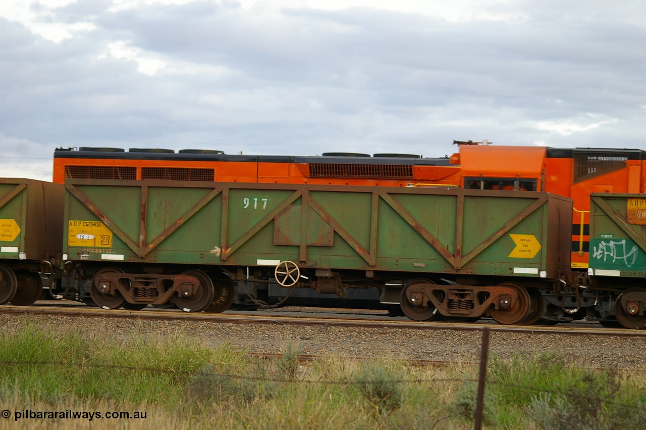 PD 12852
West Kalgoorlie, AOPY 32390 with fleet number 917, one of seventy ex ANR coal waggons rebuilt from AOKF type by Bluebird Engineering SA in service with ARG on Koolyanobbing iron ore trains. They used to be three metres longer and originally built by Metropolitan Cammell Britain as GB type in 1952-55.
Keywords: Peter-D-Image;AOPY-type;AOPY32390;Bluebird-Engineering-SA;Metropolitan-Cammell-Britain;GB-type;