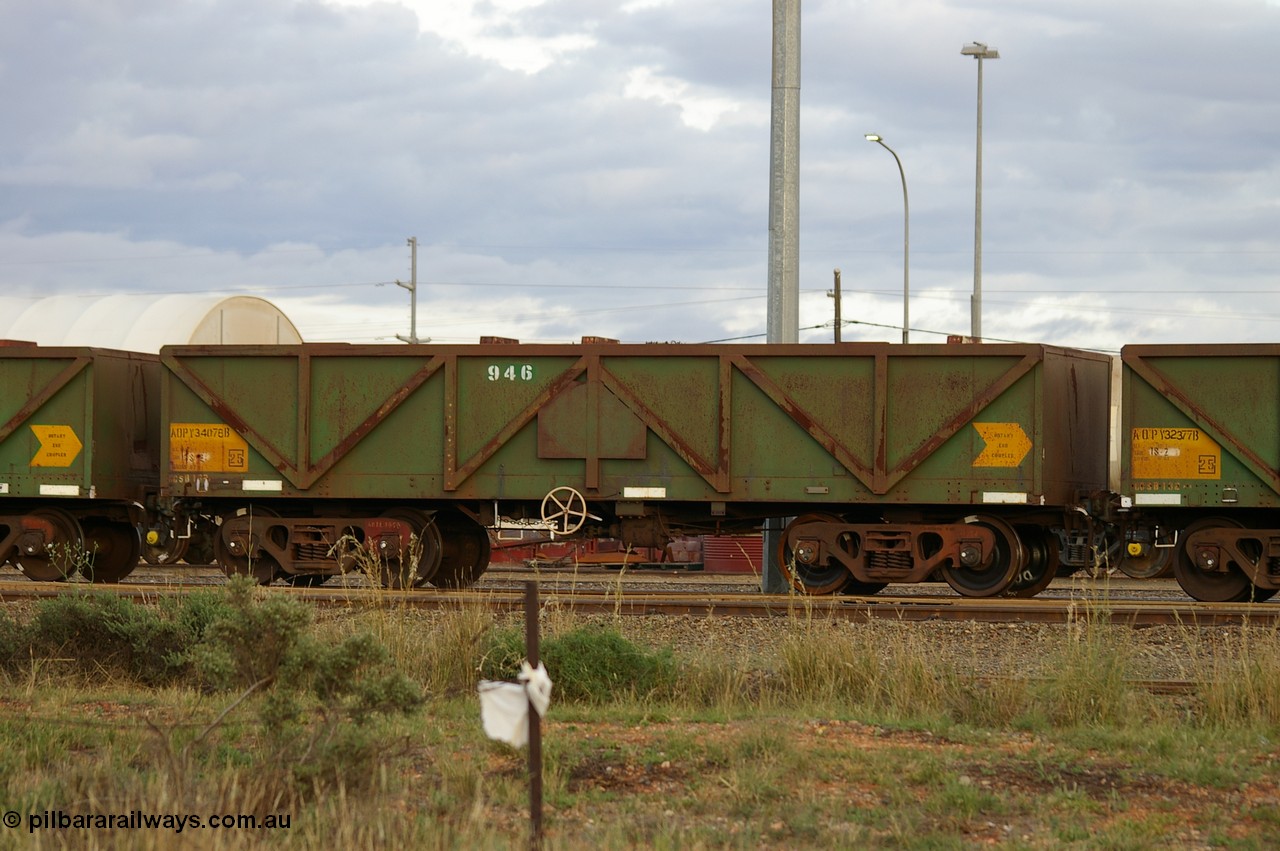 PD 12855
West Kalgoorlie, AOPY 34078 with fleet number 946, one of seventy ex ANR coal waggons rebuilt from AOKF type by Bluebird Engineering SA in service with ARG on Koolyanobbing iron ore trains. They used to be three metres longer and originally built by Metropolitan Cammell Britain as GB type in 1952-55.
Keywords: Peter-D-Image;AOPY-type;AOPY34078;Bluebird-Engineering-SA;Metropolitan-Cammell-Britain;GB-type;