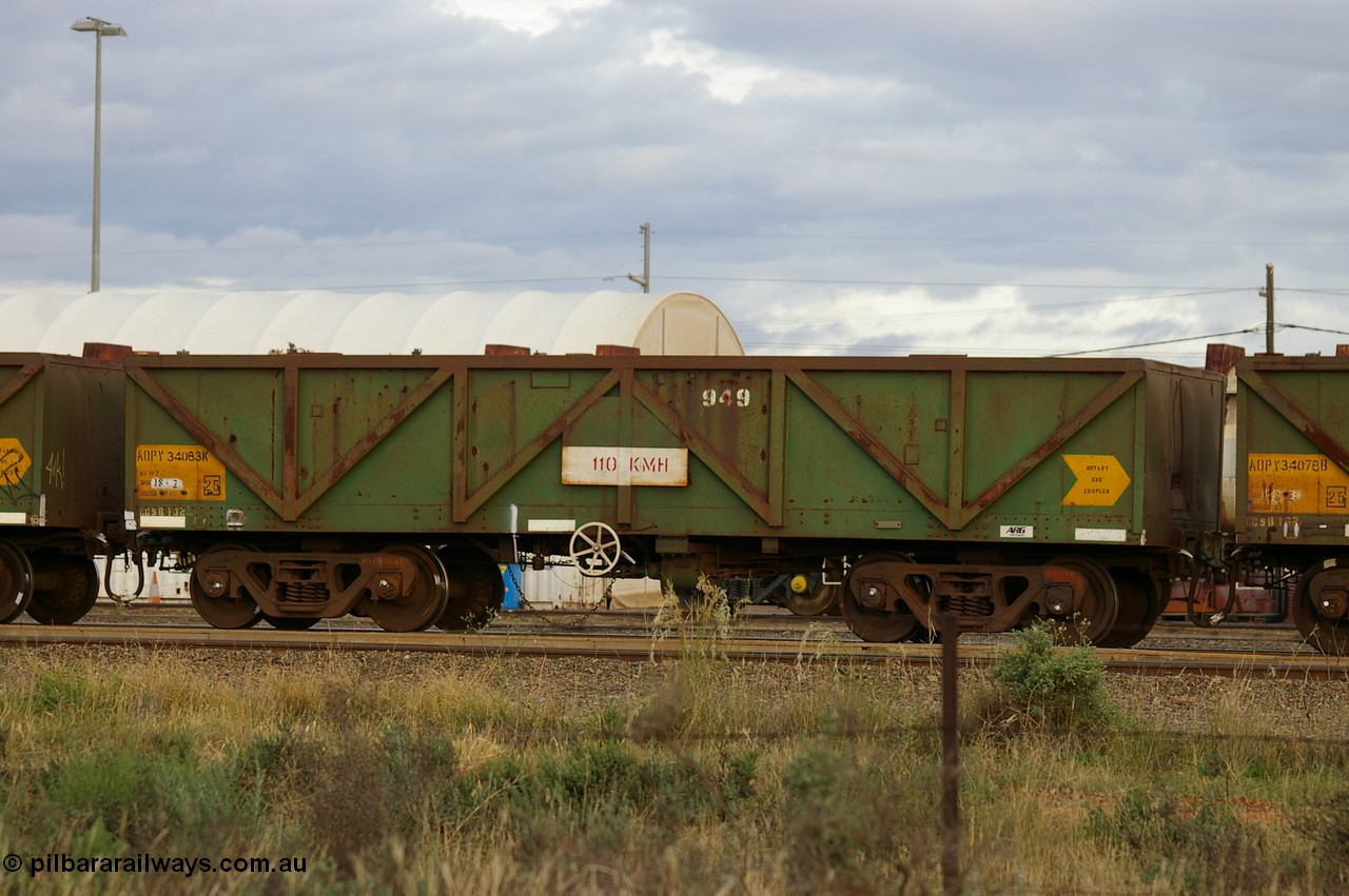 PD 12856
West Kalgoorlie, AOPY 34083 with fleet number 949, one of seventy ex ANR coal waggons rebuilt from AOKF type by Bluebird Engineering SA in service with ARG on Koolyanobbing iron ore trains. They used to be three metres longer and originally built by Metropolitan Cammell Britain as GB type in 1952-55.
Keywords: Peter-D-Image;AOPY-type;AOPY34083;Bluebird-Engineering-SA;Metropolitan-Cammell-Britain;GB-type;
