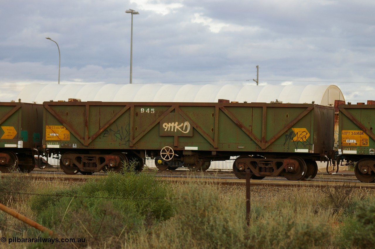 PD 12857
West Kalgoorlie, AOPY 34079 with fleet number 945, one of seventy ex ANR coal waggons rebuilt from AOKF type by Bluebird Engineering SA in service with ARG on Koolyanobbing iron ore trains. They used to be three metres longer and originally built by Metropolitan Cammell Britain as GB type in 1952-55.
Keywords: Peter-D-Image;AOPY-type;AOPY34079;Bluebird-Engineering-SA;Metropolitan-Cammell-Britain;GB-type;