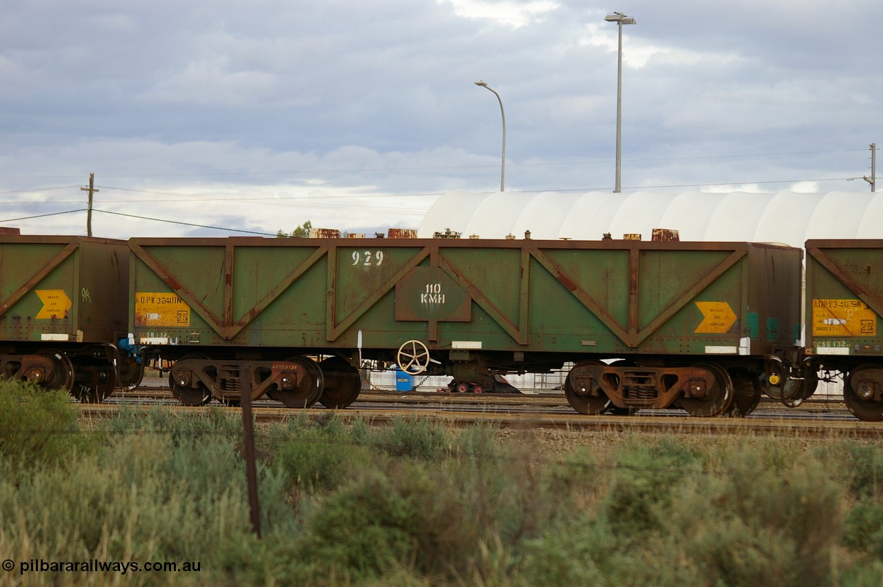 PD 12858
West Kalgoorlie, AOPY 32401 with fleet number 929, one of seventy ex ANR coal waggons rebuilt from AOKF type by Bluebird Engineering SA in service with ARG on Koolyanobbing iron ore trains. They used to be three metres longer and originally built by Metropolitan Cammell Britain as GB type in 1952-55.
Keywords: Peter-D-Image;AOPY-type;AOPY32401;Bluebird-Engineering-SA;Metropolitan-Cammell-Britain;GB-type;