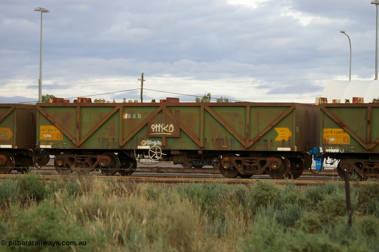 PD 12859
West Kalgoorlie, AOPY 34073 with fleet number 935, one of seventy ex ANR coal waggons rebuilt from AOKF type by Bluebird Engineering SA in service with ARG on Koolyanobbing iron ore trains. They used to be three metres longer and originally built by Metropolitan Cammell Britain as GB type in 1952-55.
Keywords: Peter-D-Image;AOPY-type;AOPY34073;Bluebird-Engineering-SA;Metropolitan-Cammell-Britain;GB-type;