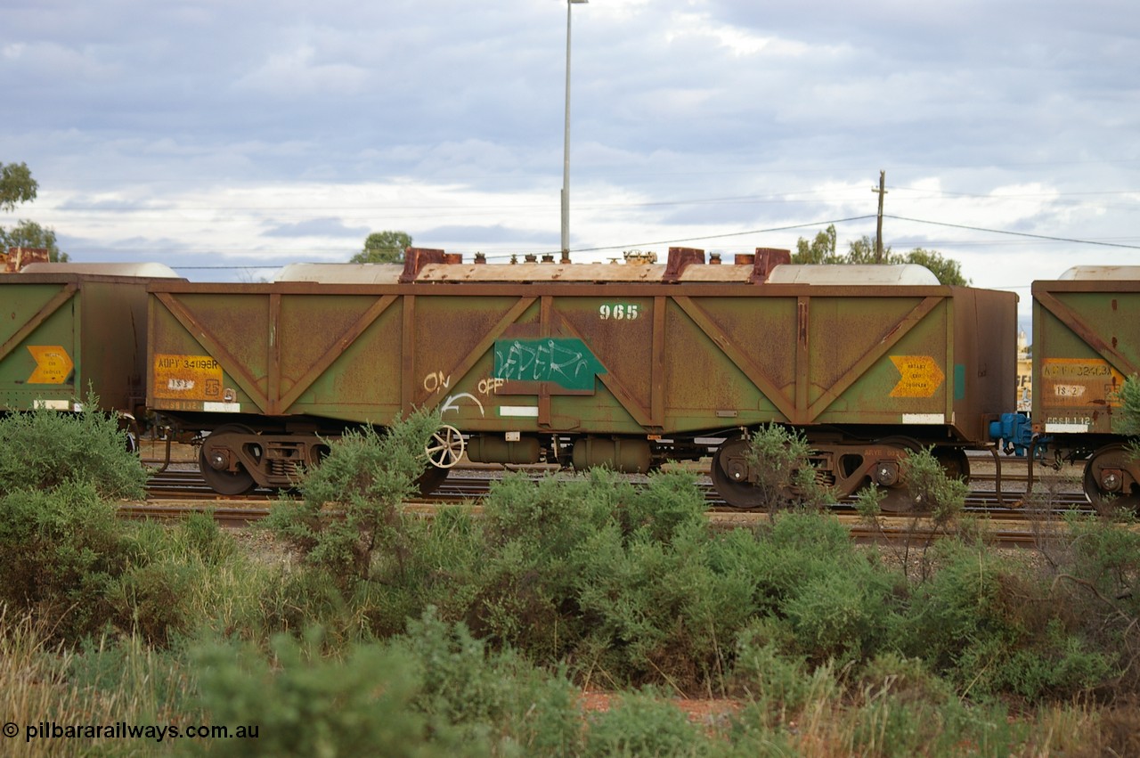 PD 12861
West Kalgoorlie, AOPY 34098 with fleet number 965 and of the drop floor type, one of seventy ex ANR coal waggons rebuilt from AOKF type by Bluebird Engineering SA in service with ARG on Koolyanobbing iron ore trains. They used to be three metres longer and originally built by Metropolitan Cammell Britain as GB type in 1952-55, seen here in a rake with sister waggons.
Keywords: Peter-D-Image;AOPY-type;AOPY34098;Bluebird-Engineering-SA;Metropolitan-Cammell-Britain;GB-type;